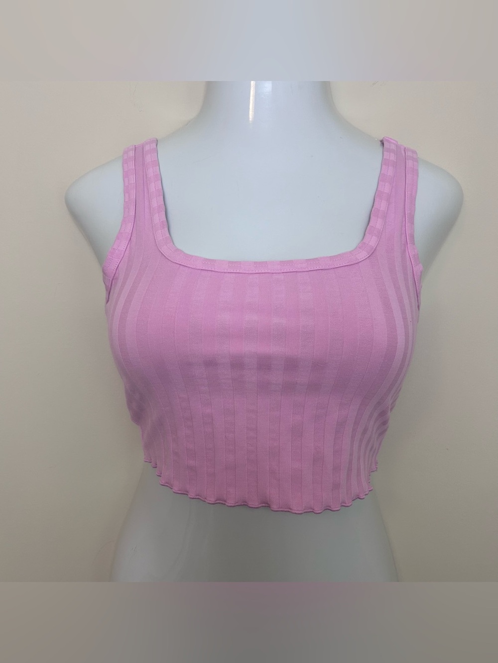 Offline by Aerie Top Womens Small Pink OG Groove Crop Ribbed Lettuce Hem Ruffle
